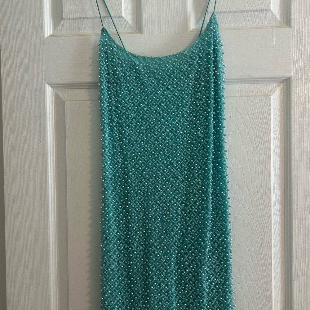 Oh Polly Embellished Blue Spaghetti Strap Slip Mini Dress